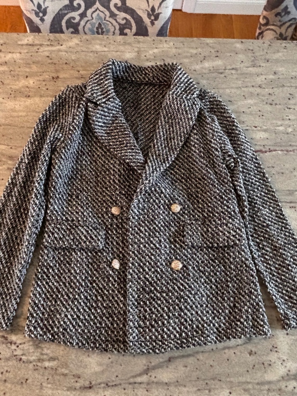 Tweed Womens Fashion Blazer - Black & White Herringbone Gold Button Shein Size S